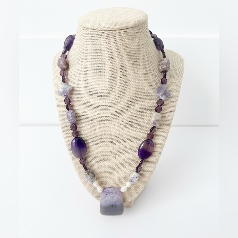 NWT Genuine Amethyst, Jasper, Agate & Pearls Necklace Purple